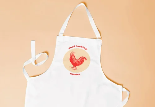 An apron with a print that reads ' good looking rooster ' with a rooster image lays on an orange background
