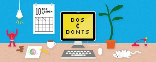 A cartoon with a computer on a work desk that reads 'dos & donts' next to a poster that reads '10 top design'