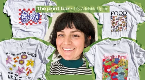 A womans face smiles surrounded by a collage of limited edition t-shirt prints on a greek background