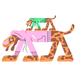 A big animated dog wearing a pink hoodie with a smaller dog on its back wearing a green hoodie.