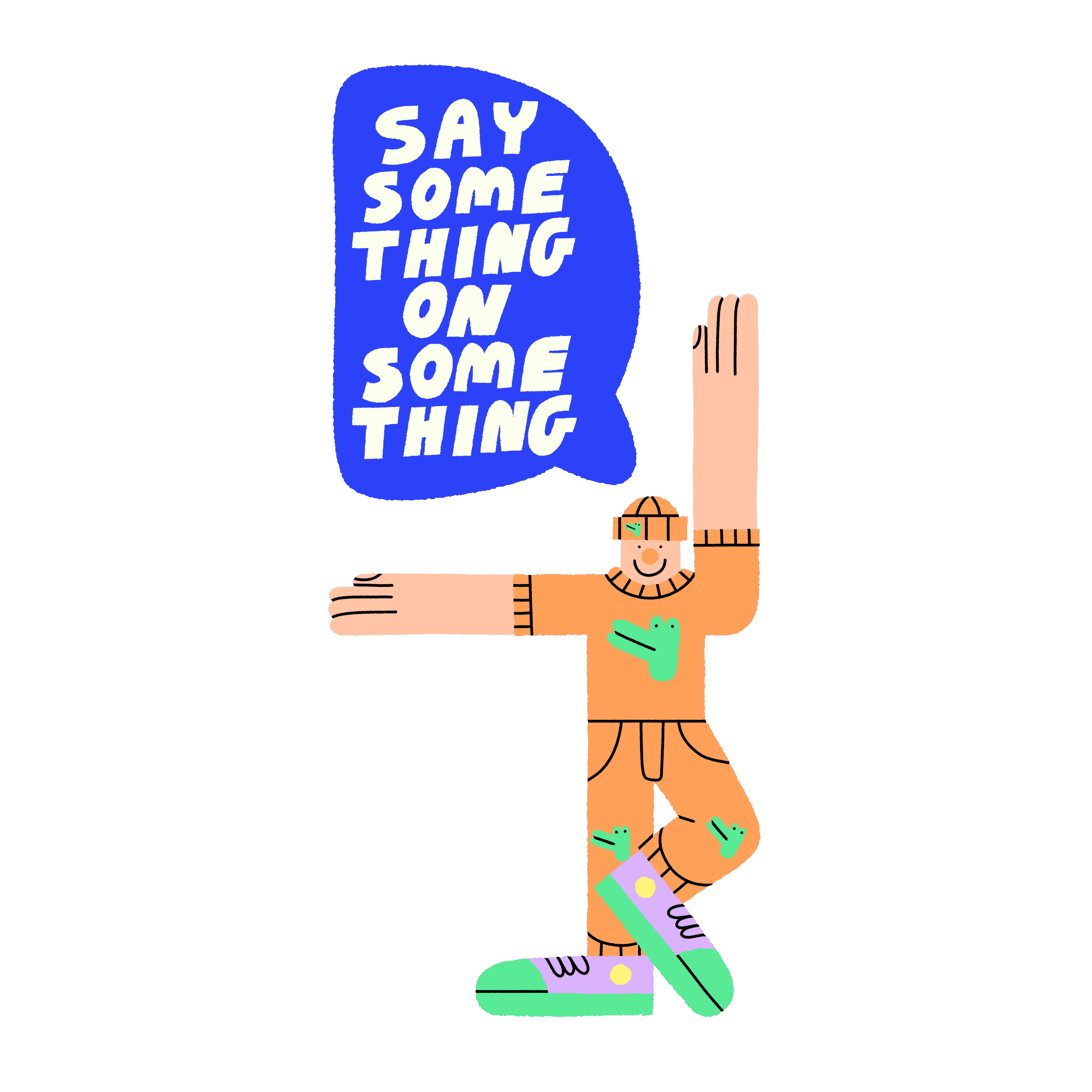 An animated person waving, while there is a bubble over their head showing "say something on something".