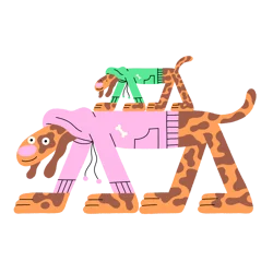 A big animated dog wearing a pink hoodie with a smaller dog on its back wearing a green hoodie are moving their tails and ears.