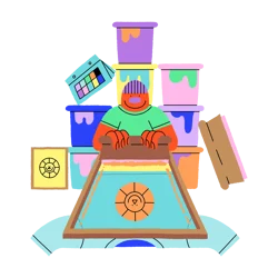 An animated person is working on a screen-printed t-shirt surrounded by buckets with different colours.