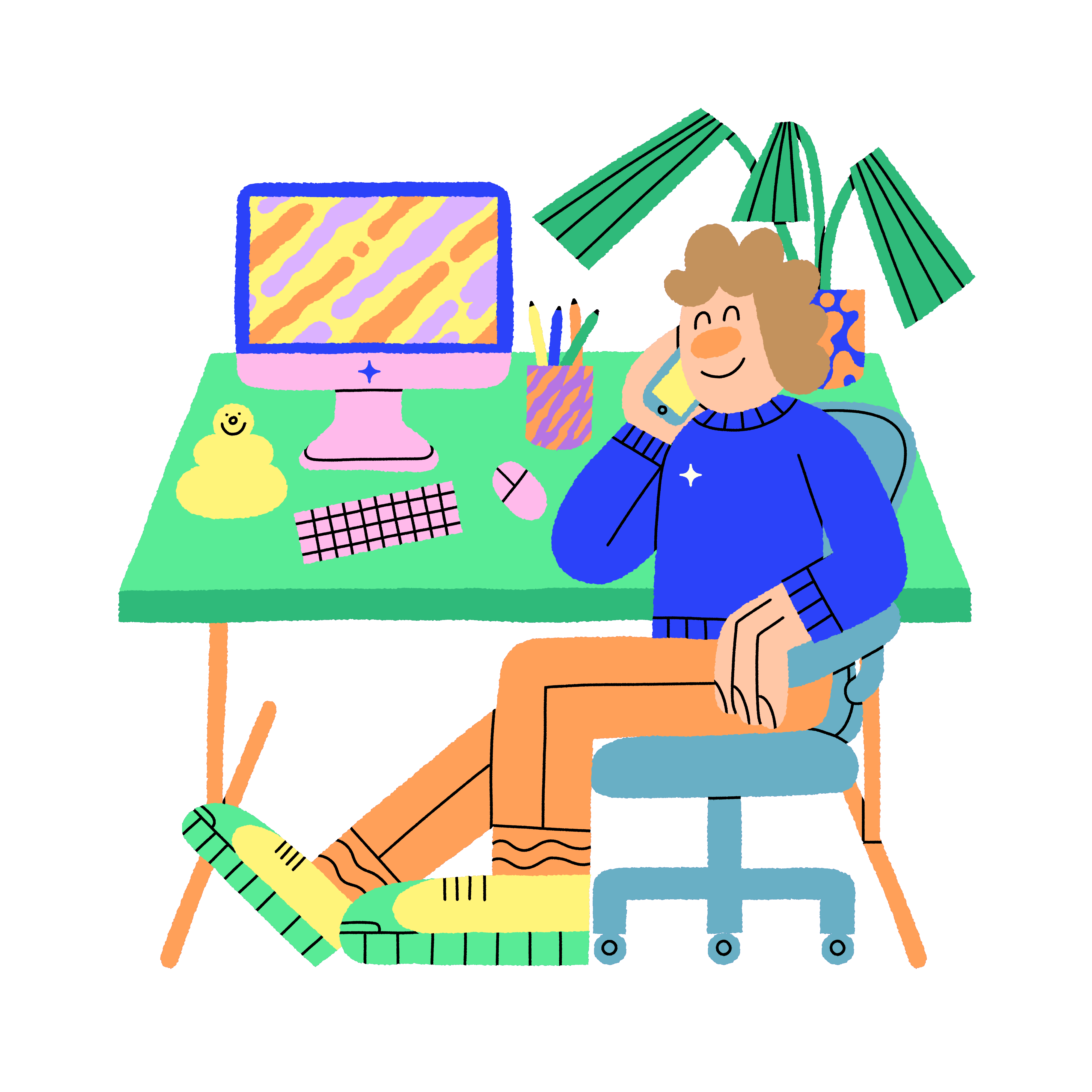 An animated person wearing The Print Bar's sweatshirt is sitting next to a desk with a computer, holding their phone and moving their foot. 