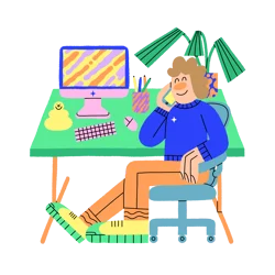 An animated person wearing The Print Bar's sweatshirt is sitting next to a desk with a computer, holding their phone and moving their foot.