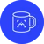 A blue circle with a white graphic presenting a personalised mug.
