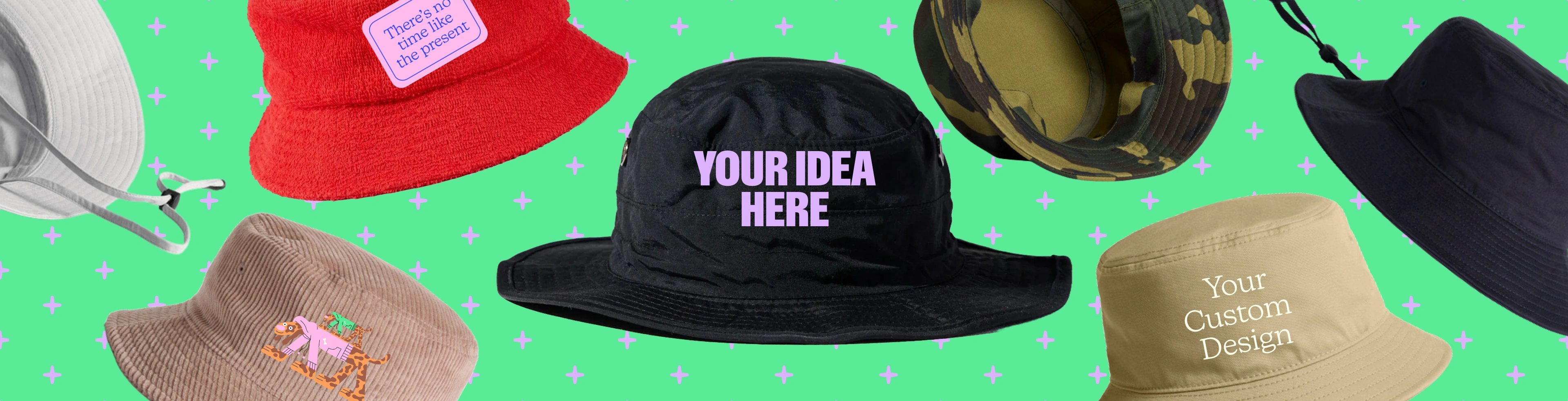 Image with custom bucket hats that have the text "design your own" printed on them