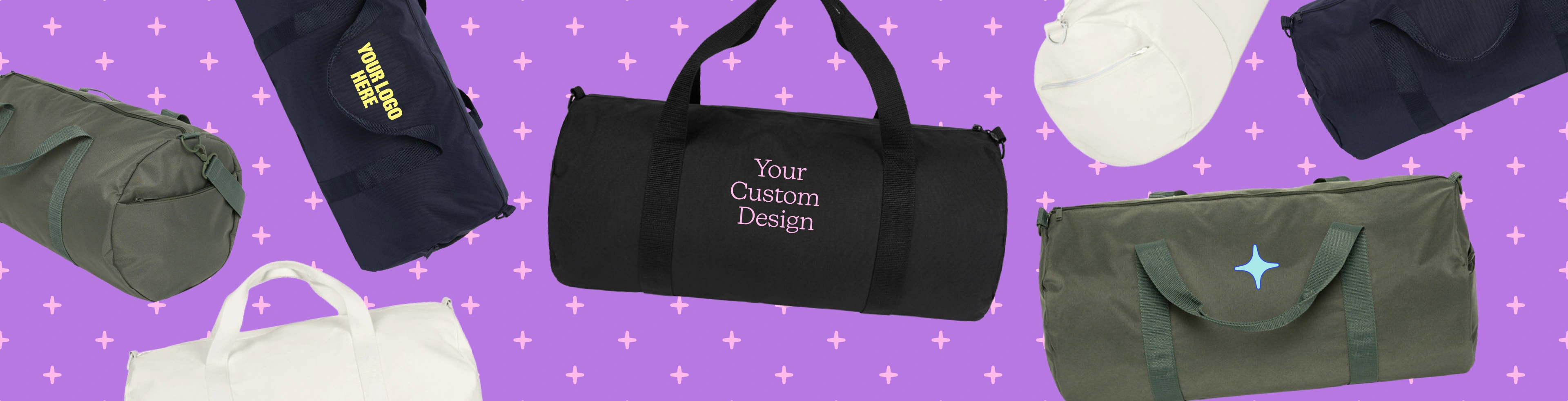 Image with custom duffle bags that have the text "design your own" printed on them