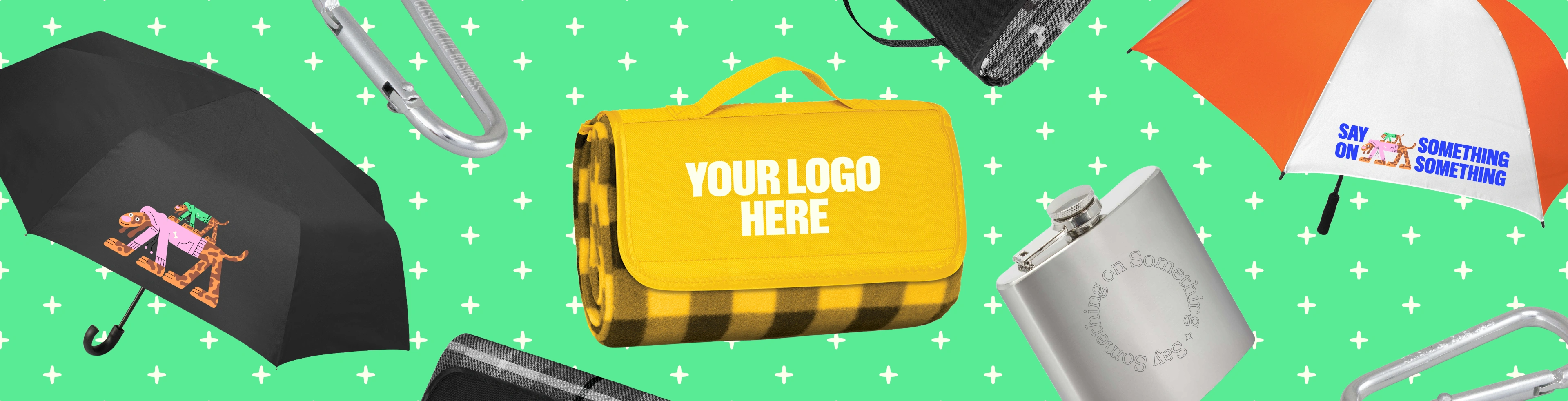 Image with custom umbrellas and printed homewares that have the text "design your own" printed on them