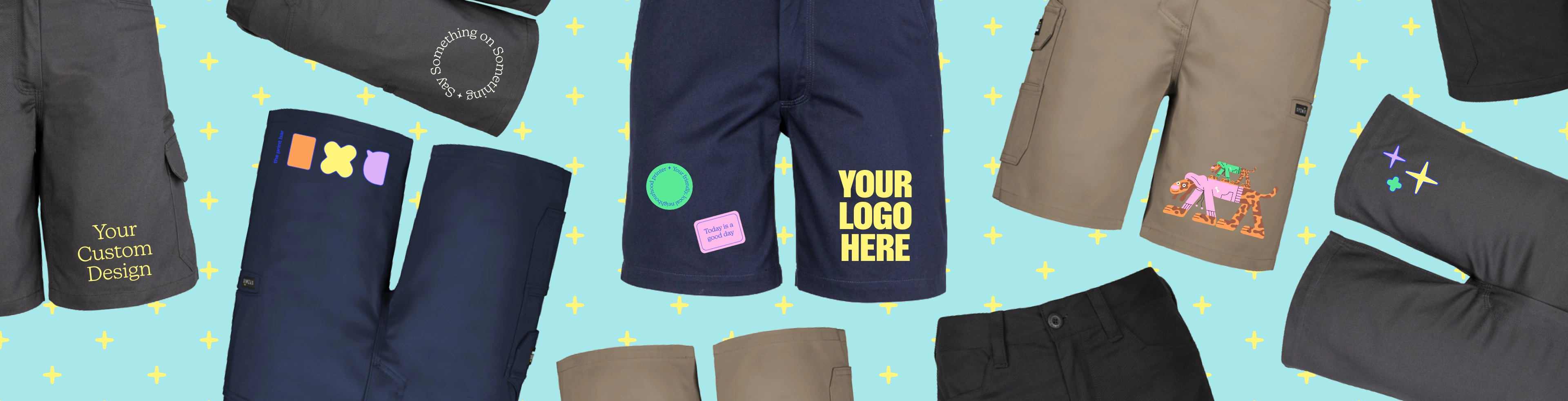 Image with custom workwear shorts that have the text "design your own" printed on them