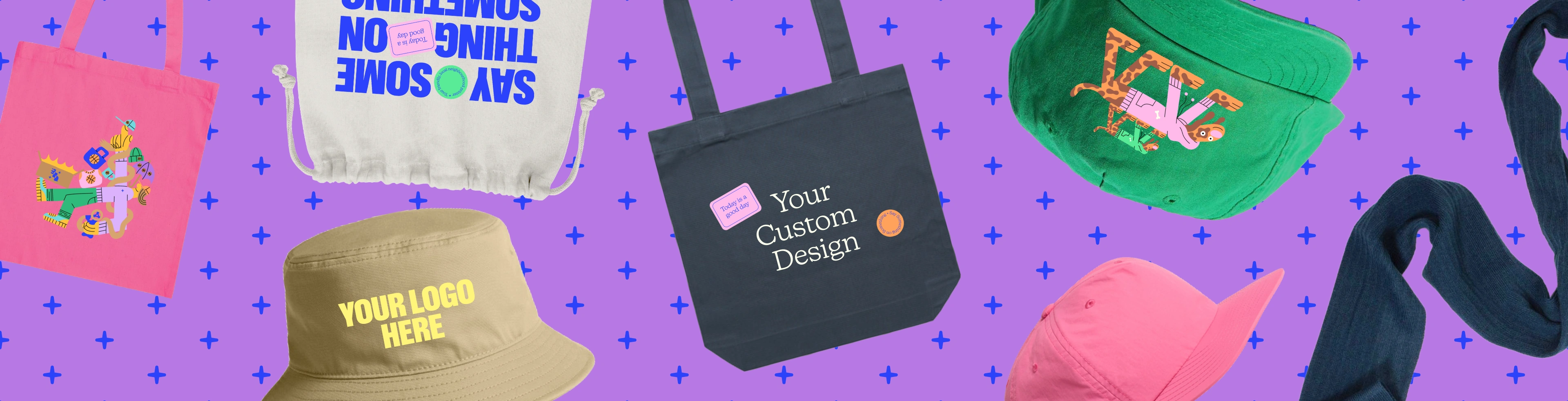 image with custom accessories that have the text "design your own" on them