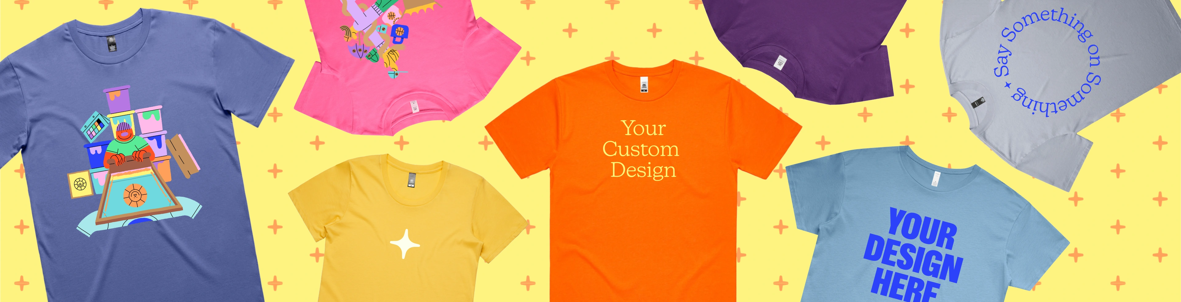 Image with custom printed t shirts and tees that have the text "design your own" printed on them