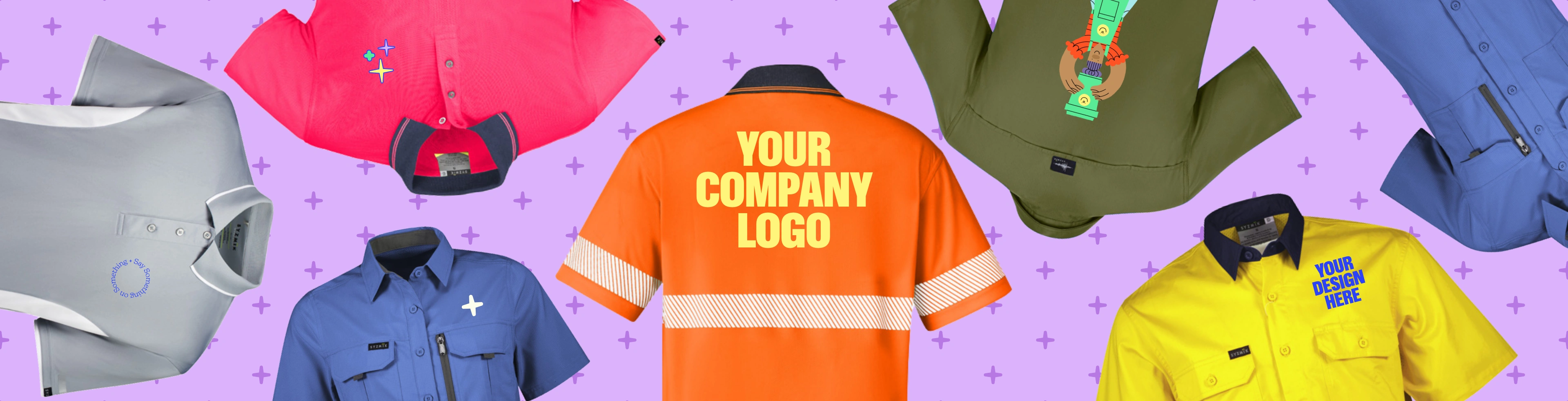 Image with custom embroidered polos that have the text "design your own" printed on them