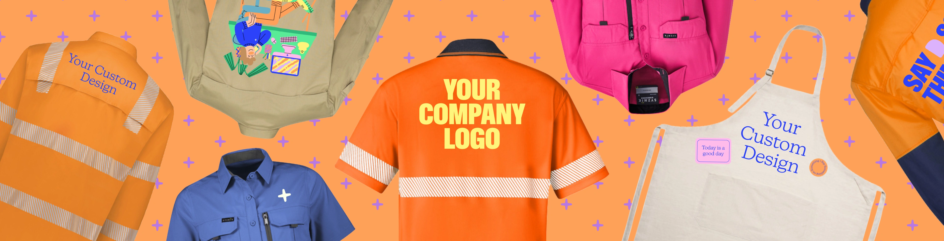Image with custom embroidered workwear polos and high vis shirts that have the text "design your own" printed on them