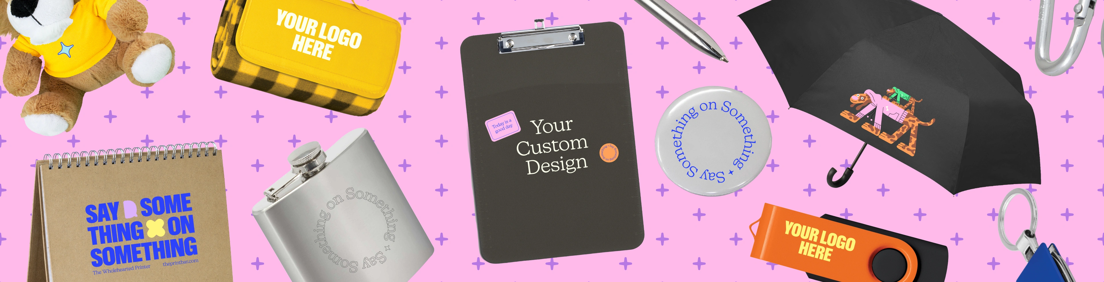 Image with custom merchandise that have the text "design your own" printed on them