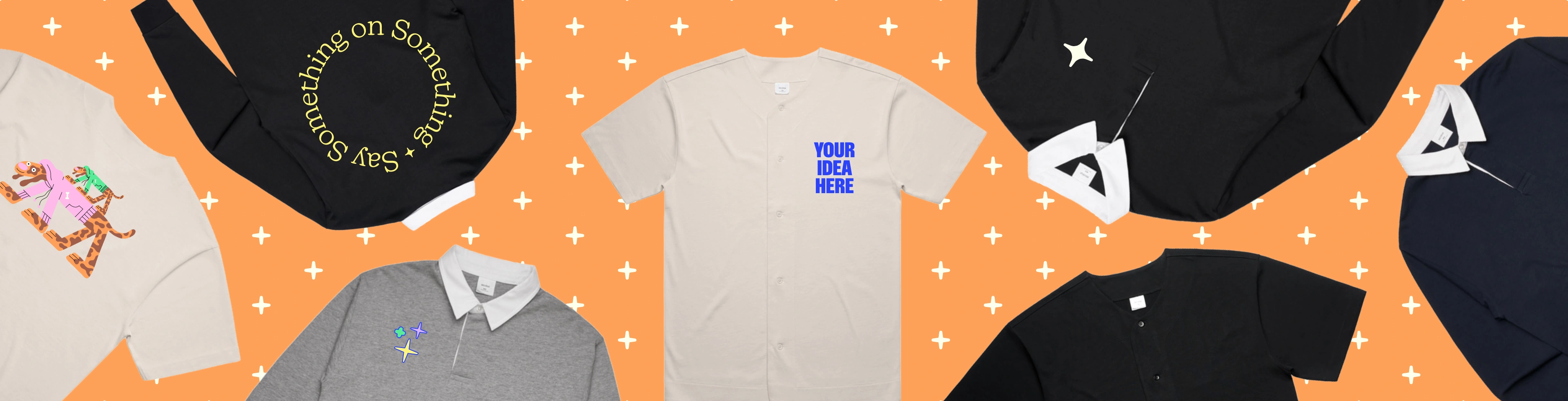 Image with custom sportswear jerseys that have the text "design your own" printed on them