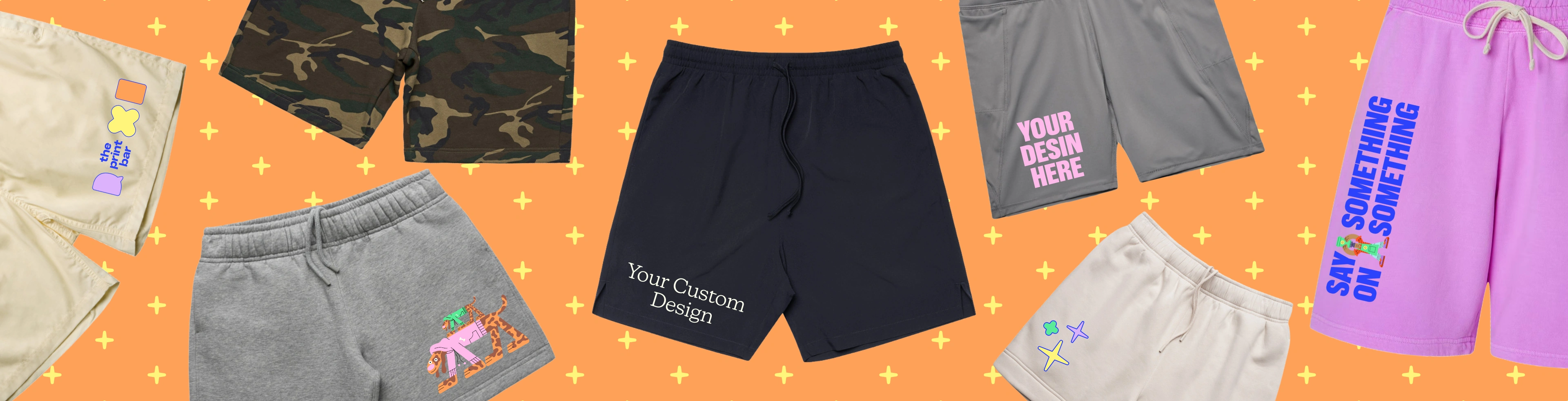 Image with custom printed shorts that have the text "design your own" printed on them