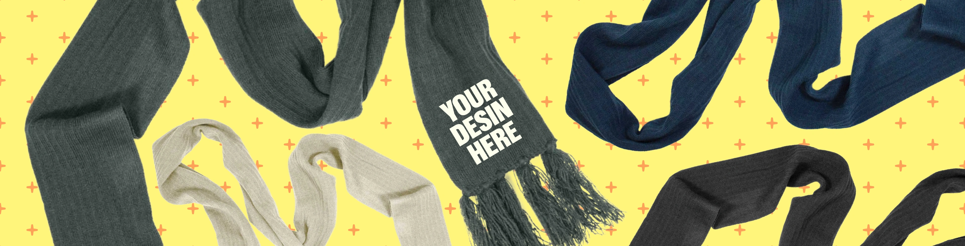 Image with custom scarves that have the text "design your own" printed on them