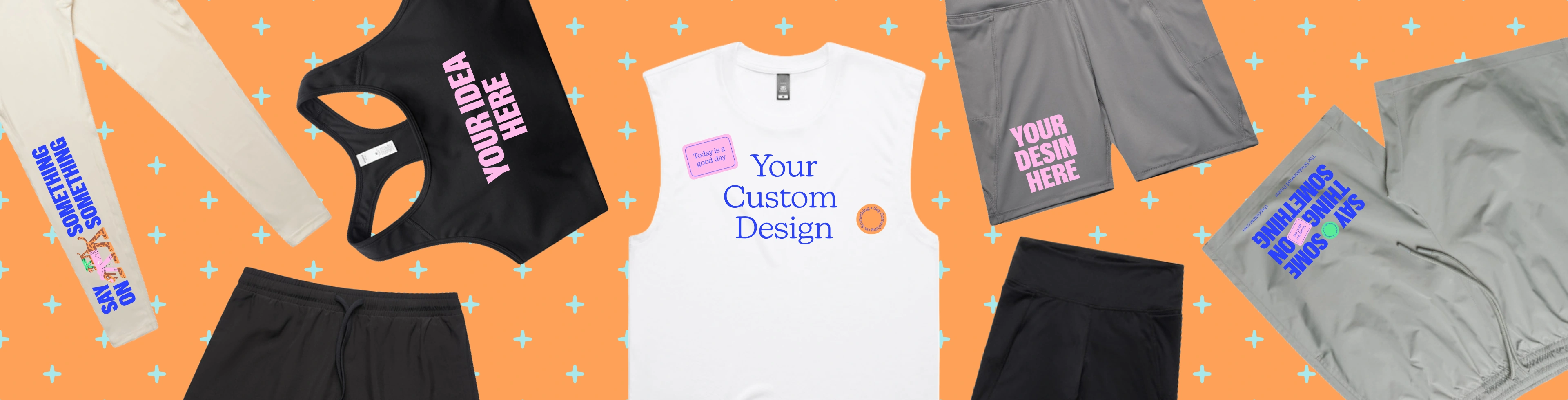 Image with custom sportswear that have the text "design your own" printed on them