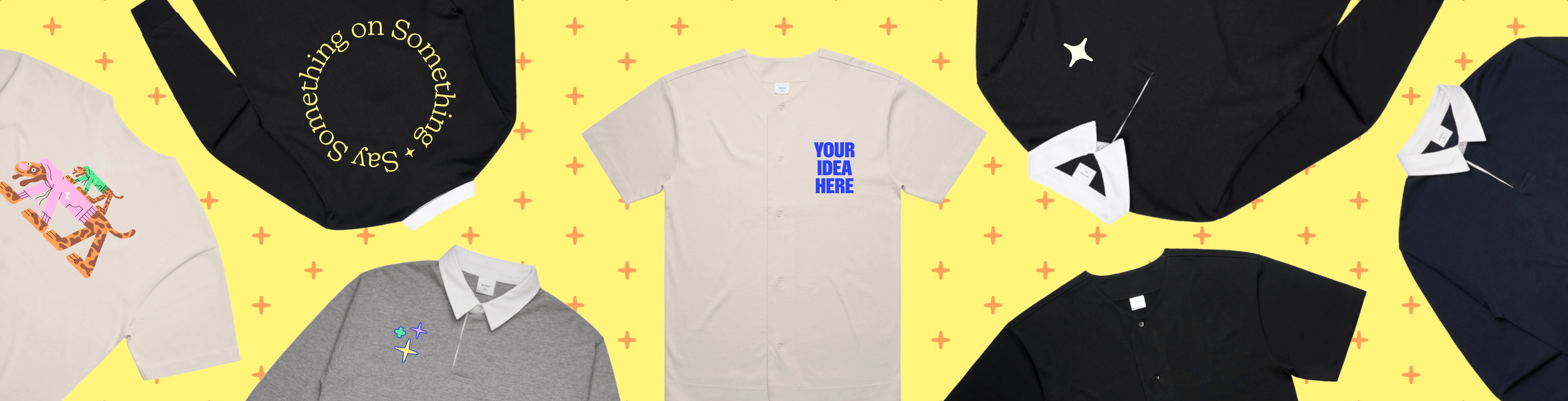 Image with custom sportswear jerseys that have the text "design your own" printed on them