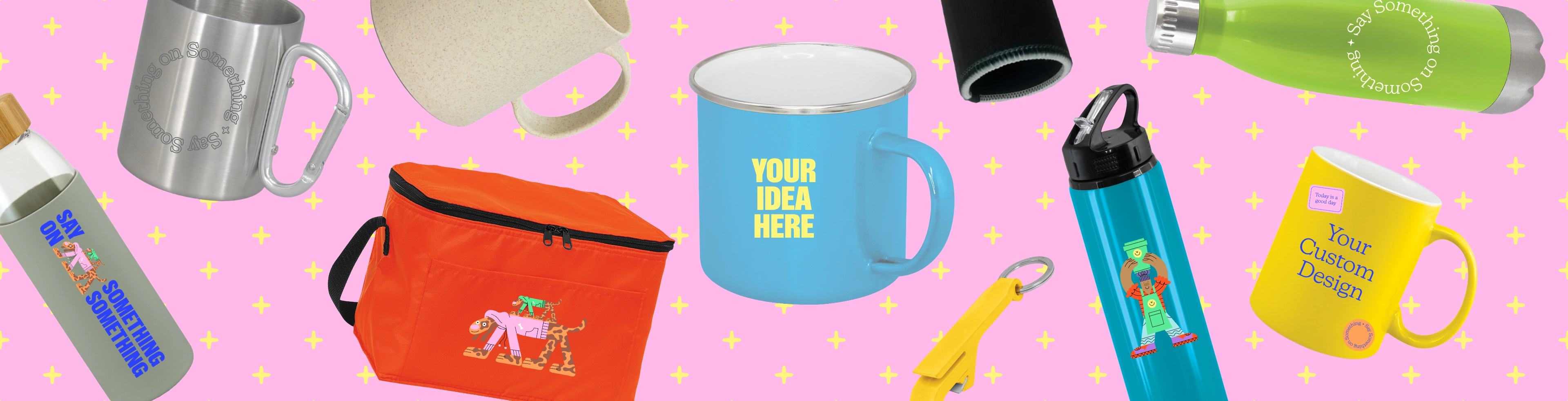 Image with custom water bottles, mugs and cups that have the text "design your own" printed on them