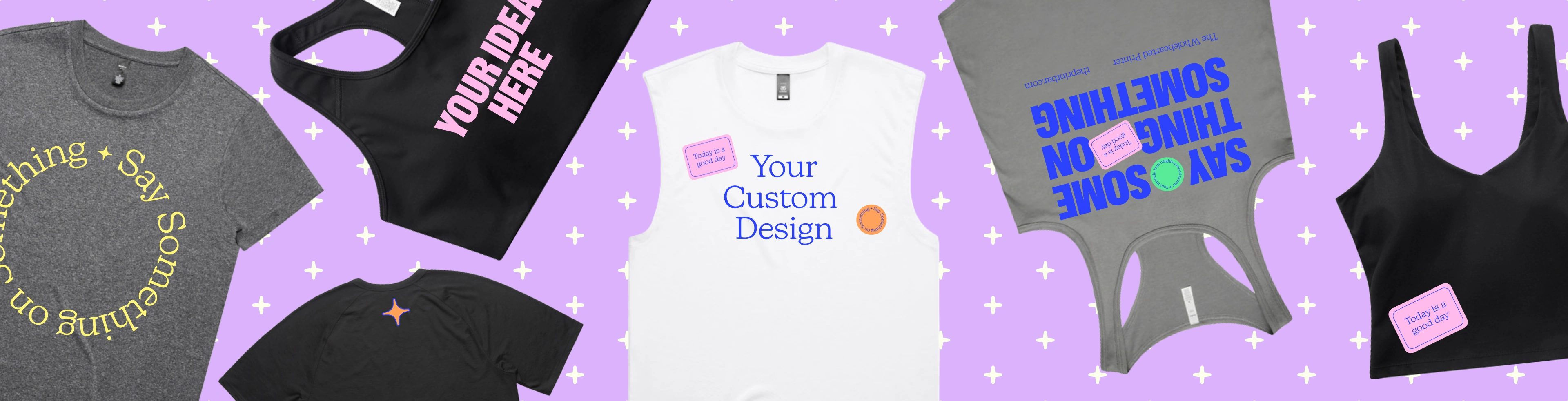 Image with custom sportswear tops and guernseys that have the text "design your own" printed on them