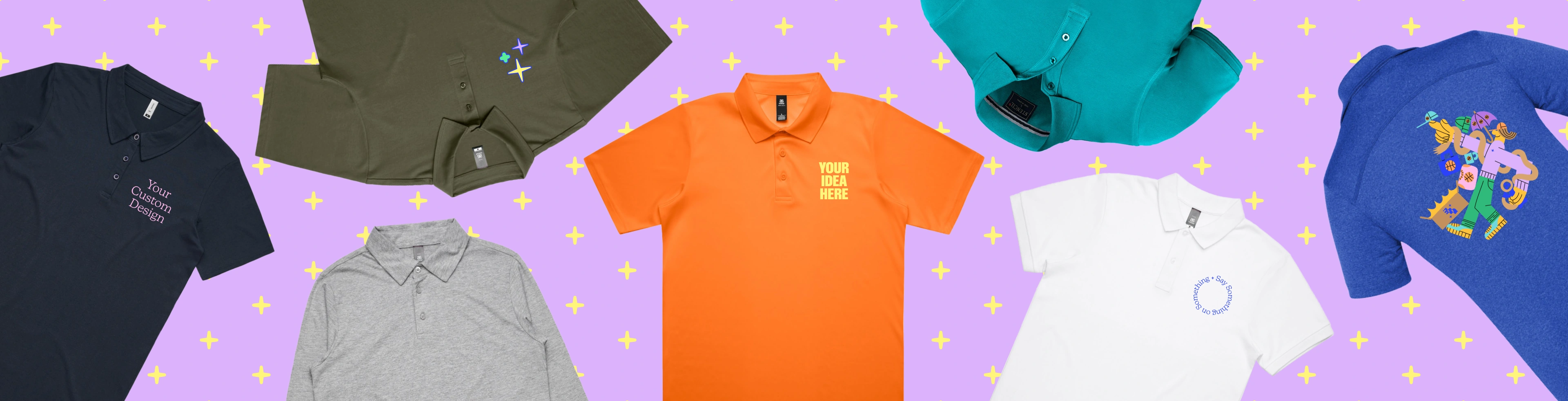 Image with custom embroidered polos that have the text "design your own" printed on them