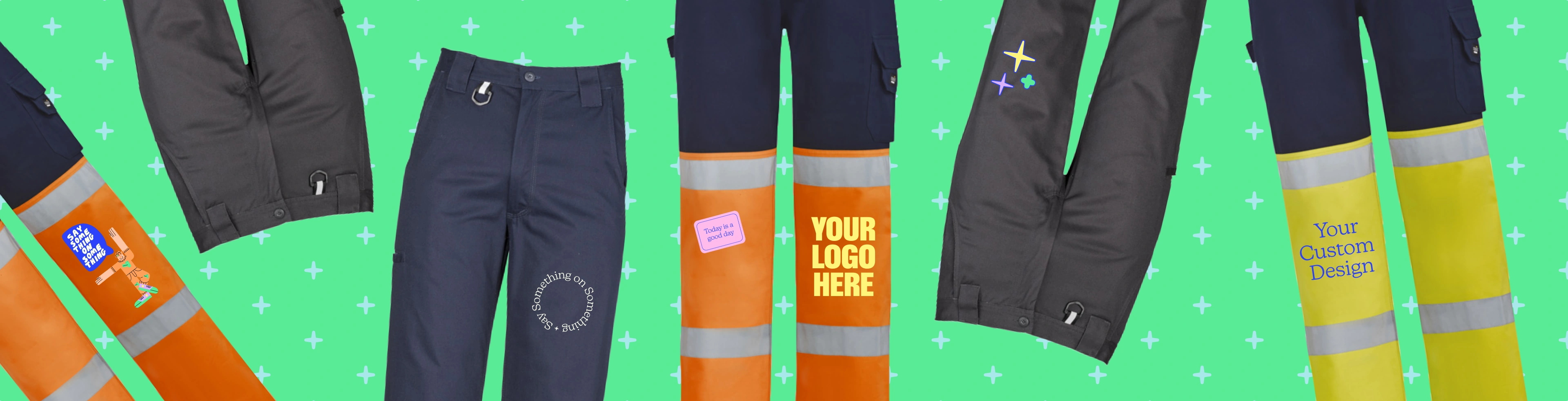 Image with custom workwear pants that have the text "design your own" printed on them