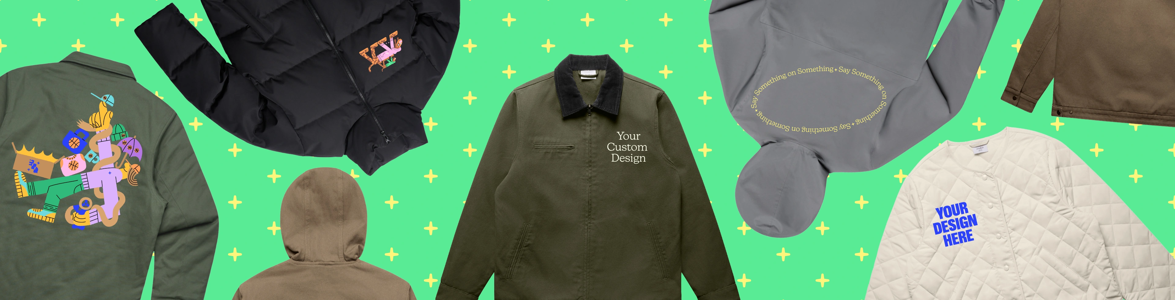 Image with custom printed hoodies that have the text "design your own" on them